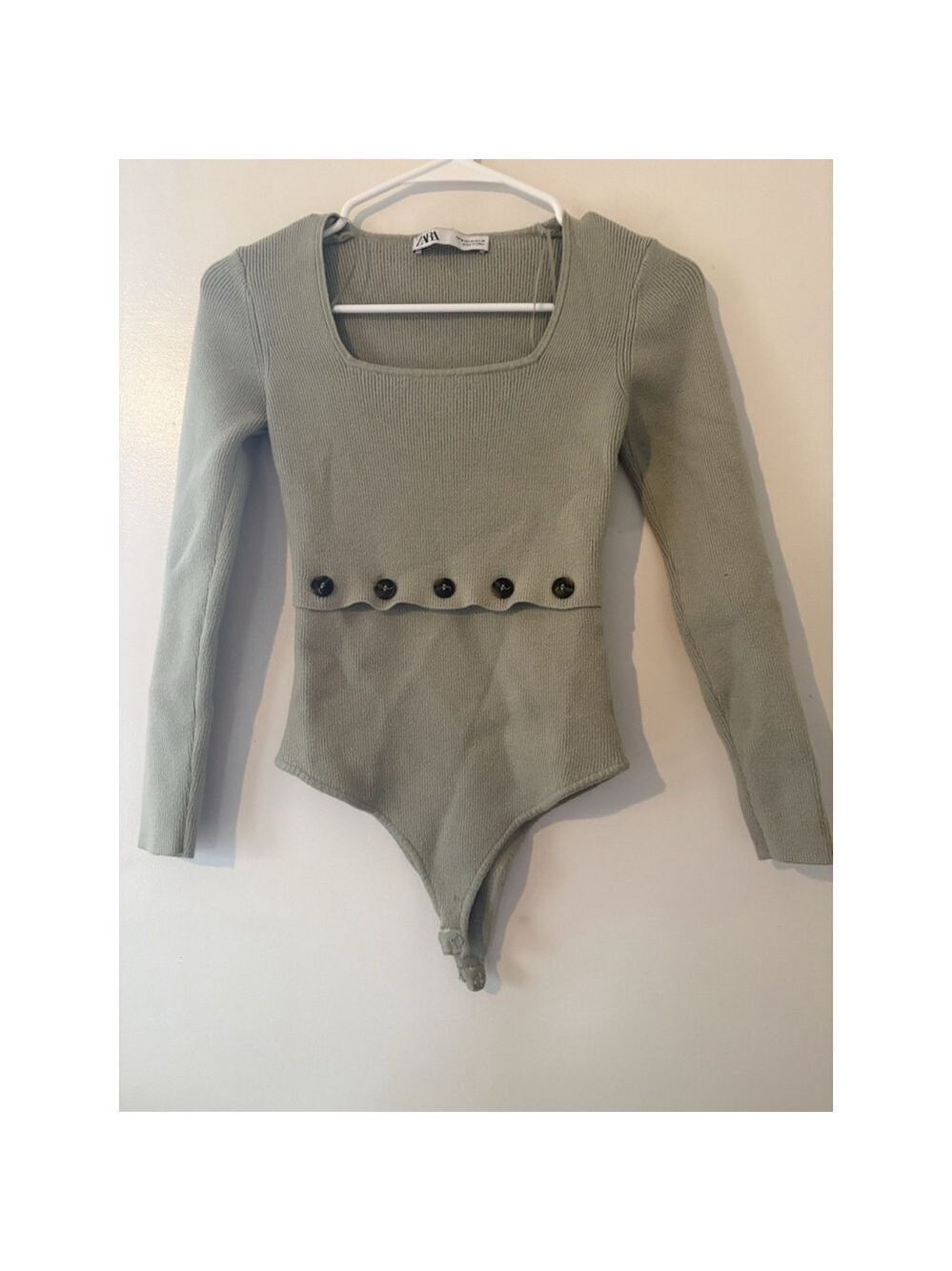 Zara Sage Green Ribbed Knit Bodysuit Square Neck Button Detail Long Sleeve M